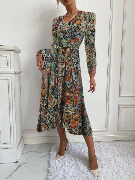 Kadın Uzun Kollu Kruvaze Yakalı Belden Kuşaklı Leopar