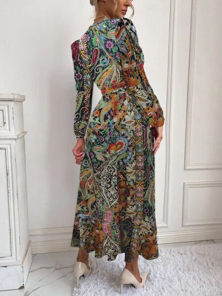 Kadın Uzun Kollu Kruvaze Yakalı Belden Kuşaklı Leopar