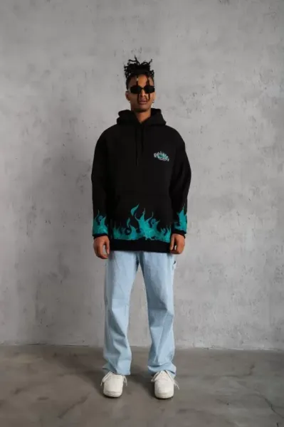 Erkek Üç İplik İçi Pamuklu Alev Baskılı Kapüşonlu Sweatshirt - Siyah