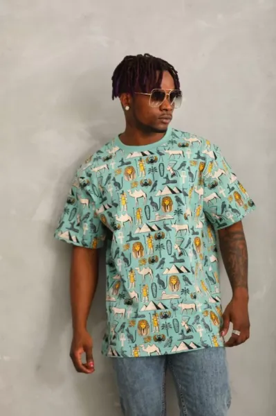 Unisex Oversize Baskılı Bisiklet Yaka T-Shirt - Mint Yeşili
