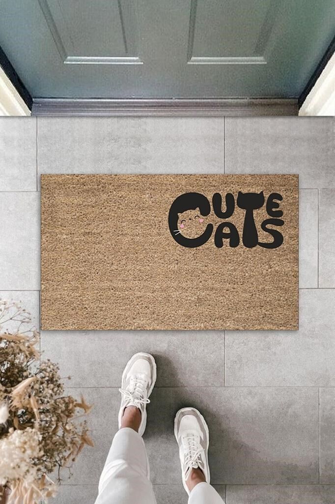 Dijital Baskı Kahverengi Kedili Cute Cats Dekoratif Kapı Paspası K-2062