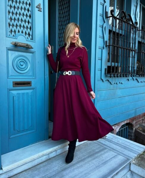 Kadın Uzun Kollu Balıkçı Yaka Uzun Akrilik Elbise