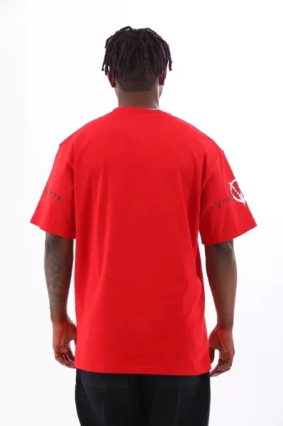 Unisex Oversize Baskılı Bisiklet Yaka T-Shirt - Kırmızı