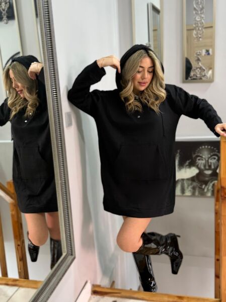 Kadın Uzun Kollu Kapşonlu Bağcıklı önden Düğmeli Ve Cepli Iki Iplik şardonlu Elbise