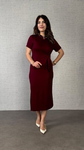 Kadın Kısa Kollu Bisiklet Yaka Yandan Bağlamalı Viskon Iki Iplik Elbise