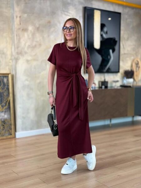 Kadın Kısa Kollu Bisiklet Yaka Yandan Bağlamalı Viskon Iki Iplik Elbise