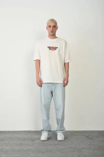 Unisex Baskılı Bisiklet Yaka Oversize T-Shirt - Beyaz
