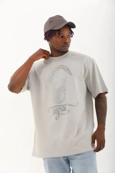 Unisex Oversize Taşlı Bisiklet Yaka T-Shirt - Gri