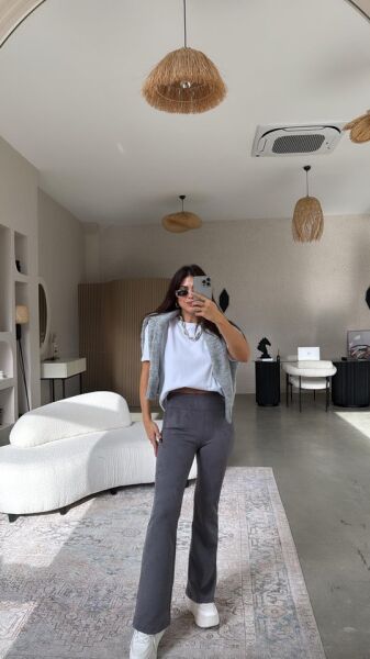 Kadın Yüksek Bel Süet Kumaş Ispanyol Paça Detay Pantolon