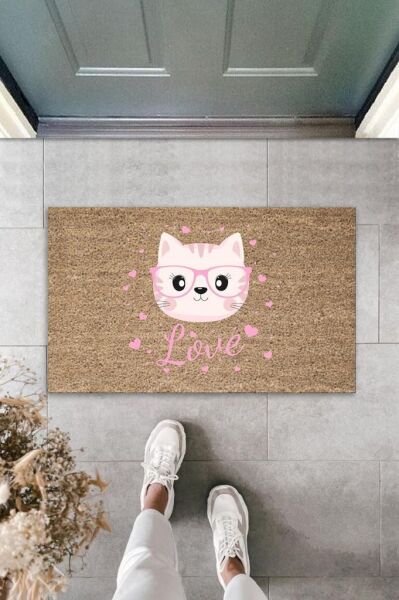 Dijital Baskı Kahverengi Love Yazılı Pembe Gözlüklü Kedi Dekoratif Kapı Paspası K-2048