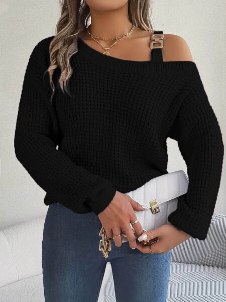 Kadın Uzun Kollu Tek Omuzu Açık Tokalı Triko Bluz
