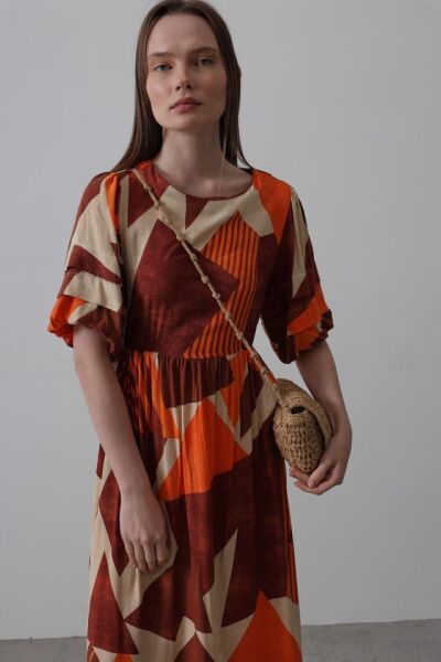 Desenli Balon Kol Kloş Elbise - Kahve