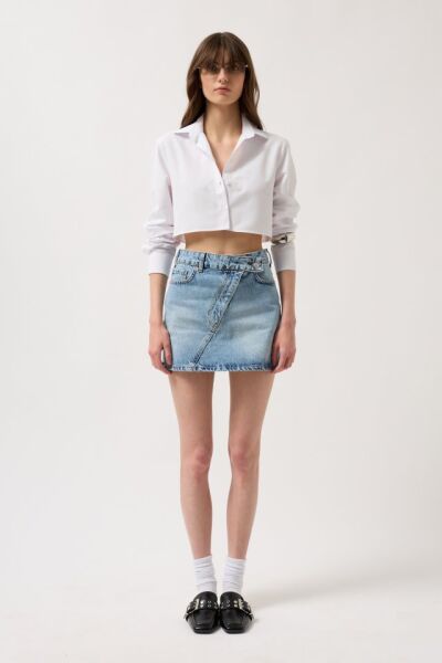 Asimetrik Kemer Denim Mini Etek