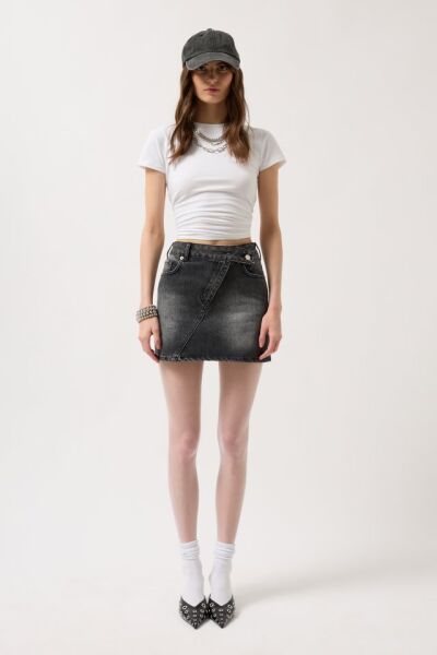 Asimetrik Kemer Denim Mini Etek