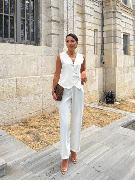 Kadın Sıfır Kollu çapraz V Yakalı önden Düğmeli Atlas Yelek Ve Pantolon Ikili Takım