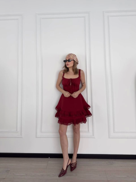 Fırfırlı Askılı Mini Elbise - Bordo