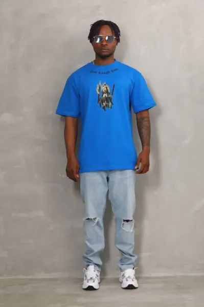 Unisex Oversize Baskılı Bisiklet Yaka T-Shirt - Mavi