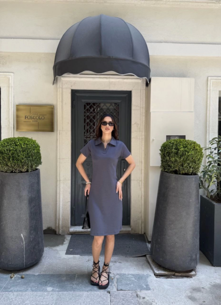 Osy Modal Yumuşak Dokulu Kumaş Yakalı Kısa Kollu Elbise - Füme