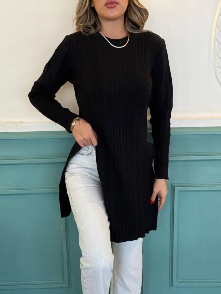 Kadın Uzun Kollu Bisiklet Yaka Iki Yandan Yırtmaç Detay Triko Bluz