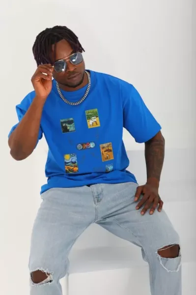 Unisex Oversize Baskılı Bisiklet Yaka T-Shirt - Mavi