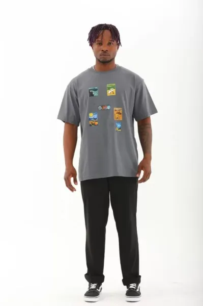 Unisex Oversize Baskılı Bisiklet Yaka T-Shirt - Füme
