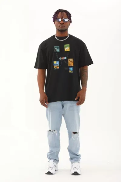 Unisex Oversize Baskılı Bisiklet Yaka T-Shirt - Siyah