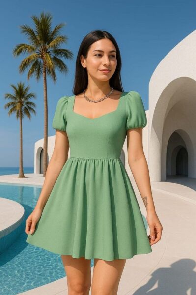 Kadın Dalgıç Kumaş Kalp Yaka Elbise