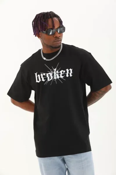Unisex Oversize Baskılı Bisiklet Yaka T-Shirt - Siyah