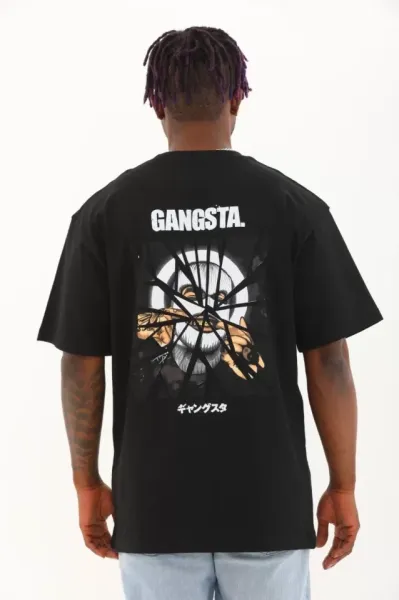 Unisex Oversize Baskılı Bisiklet Yaka T-Shirt - Siyah