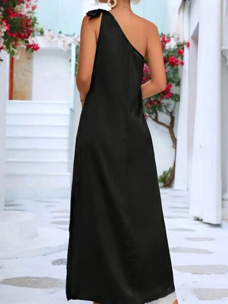 Kadın Tek Omuzdan Askılı Kurdela Detaylı Yırtmaçlı Uzun Janjan Krep Elbise