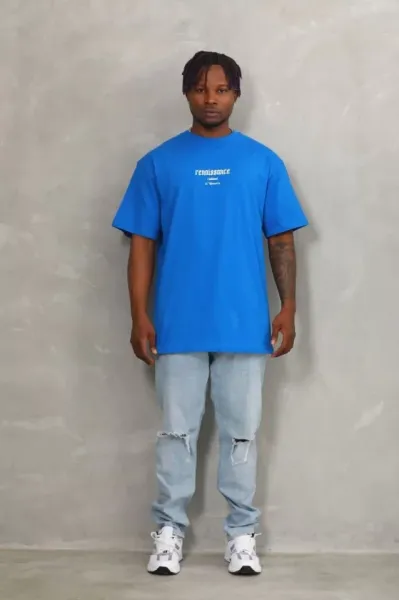 Unisex Oversize Baskılı Bisiklet Yaka T-Shirt - Mavi