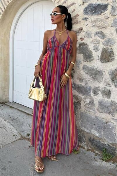 Askılı Pile Detaylı Renkli Maxi Elbise 2748