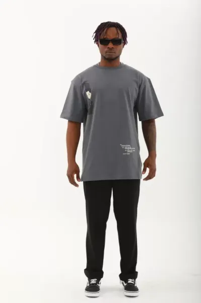 Unisex Oversize Baskılı Bisiklet Yaka T-Shirt - Füme