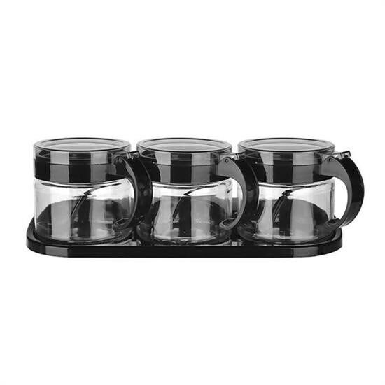 BUFFER® Siyah 3lü Standlı Kapaklı Kaşıklı Cam Hava Sızdırmaz Baharatlık Takımı KC-386
