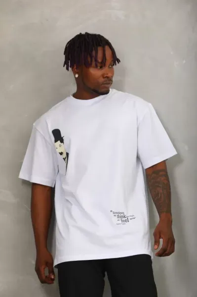 Unisex Oversize Baskılı Bisiklet Yaka T-Shirt - Beyaz