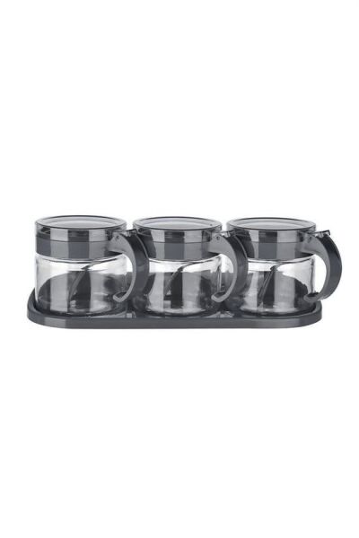 BUFFER® Gri  3lü Standlı Kapaklı Kaşıklı Cam Hava Sızdırmaz Baharatlık Takımı KC-386