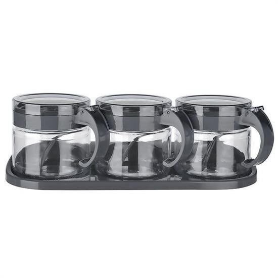 BUFFER® Gri  3lü Standlı Kapaklı Kaşıklı Cam Hava Sızdırmaz Baharatlık Takımı KC-386