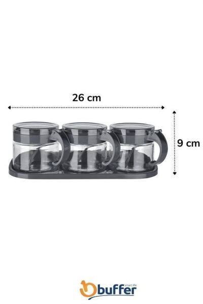 BUFFER® Gri  3lü Standlı Kapaklı Kaşıklı Cam Hava Sızdırmaz Baharatlık Takımı KC-386