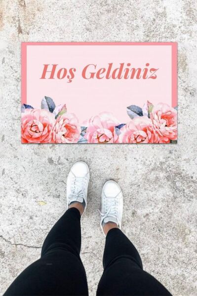 Dijital Baskı Pembe Gül Desen Kapı Önü Paspası K-1011