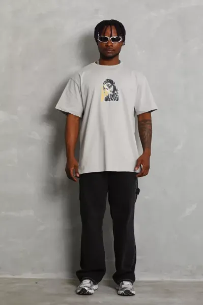 Unisex Oversize Baskılı Bisiklet Yaka T-Shirt - Gri