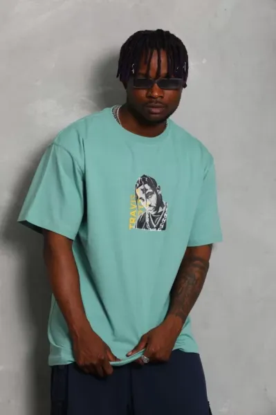 Unisex Oversize Baskılı Bisiklet Yaka T-Shirt - Mint Yeşili