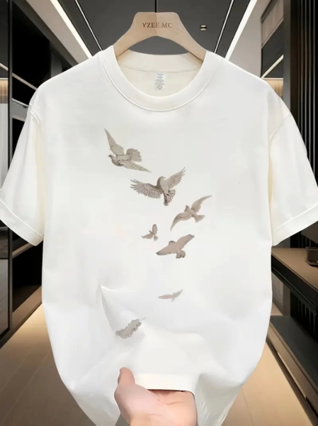 Baskılı Oversize Bisiklet Yaka T-shirt - Beyaz