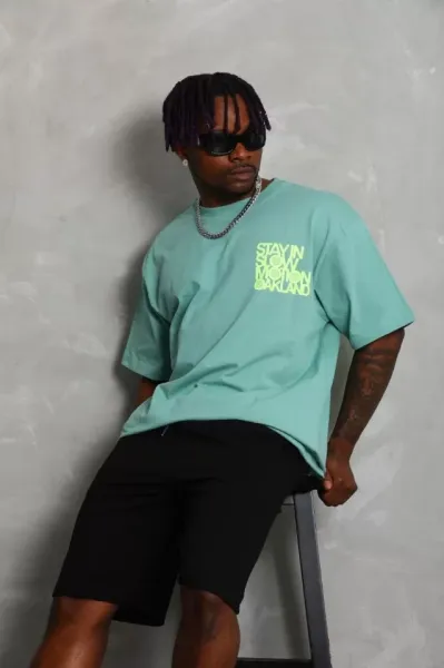 Unisex Oversize Baskılı Bisiklet Yaka T-Shirt - Mint Yeşili