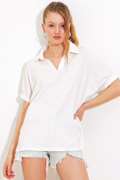 Beyaz Oversize Polo Yaka Örme Bluz 0486