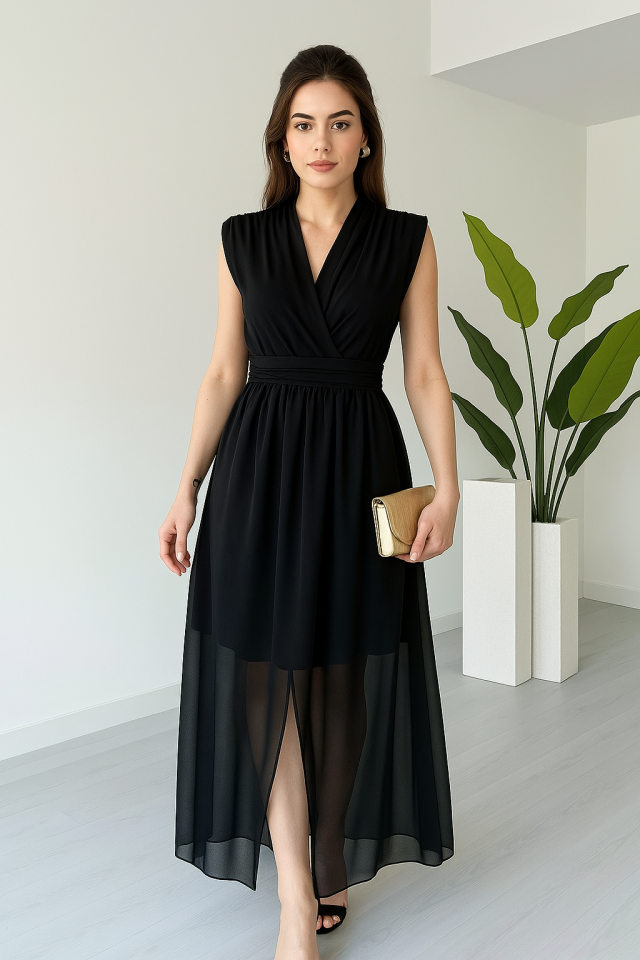 Kadın Vatkalı Şifon Kolsuz Kruvaze Yaka Yırtmaç Detaylı Şık Midi Elbise