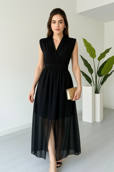 Kadın Vatkalı Şifon Kolsuz Kruvaze Yaka Yırtmaç Detaylı Şık Midi Elbise