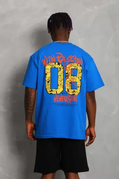 Unisex Oversize Baskılı Bisiklet Yaka T-Shirt - Mavi