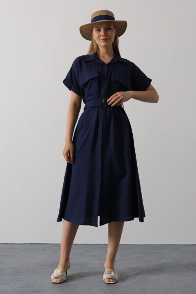 Kuşaklı Cep Detaylı Yarım Kol Elbise - Lacivert