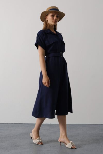 Kuşaklı Cep Detaylı Yarım Kol Elbise - Lacivert