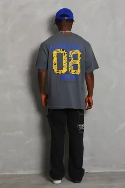 Unisex Oversize Baskılı Bisiklet Yaka T-Shirt - Füme